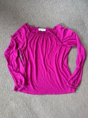 Bright Pink Women’s Classy Top Sz Med Square Wide Neckline Long Sleeves